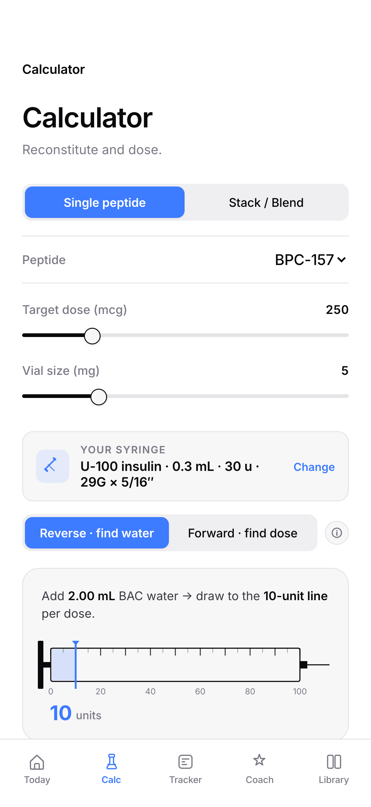 Calculator screen with reconstitution math and visual syringe