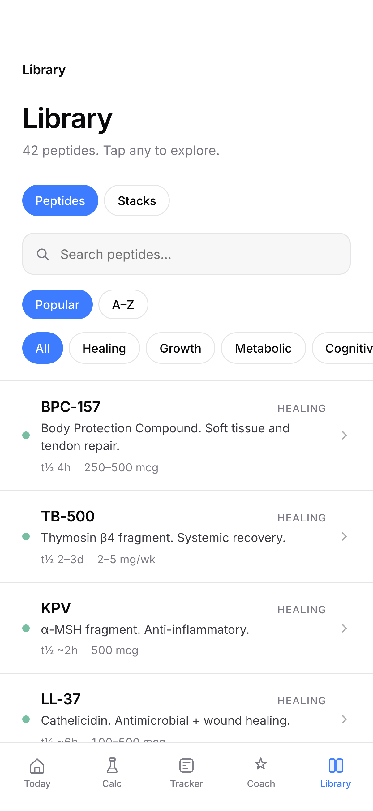 Peptide library with 42+ peptides and category filters
