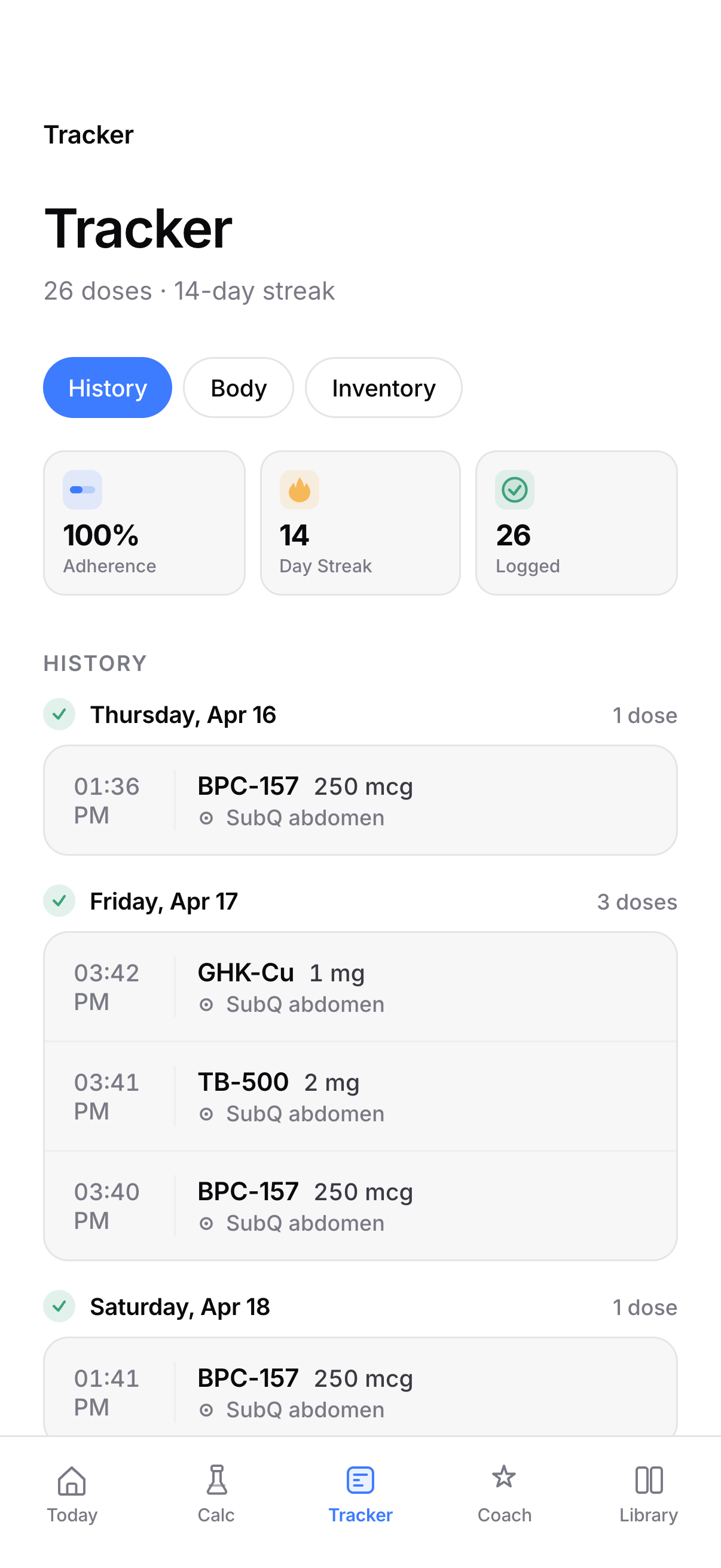 Tracker screen with adherence stats and full dose history